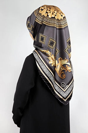 Twill Barok Desenli Gri Renkli 90x90 Eşarp (İpek İçermez) Kenar Dikiş Şekli El Dikişli