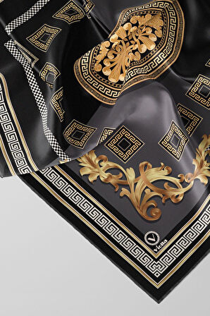 Twill Barok Desenli Gri Renkli 90x90 Eşarp (İpek İçermez) Kenar Dikiş Şekli El Dikişli