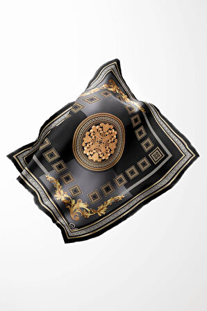 Twill Barok Desenli Gri Renkli 90x90 Eşarp (İpek İçermez) Kenar Dikiş Şekli El Dikişli