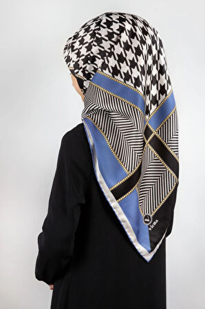 Twill Kazayağı Desenli İndigo Renkli 90x90 Eşarp (İpek İçermez) Kenar Dikiş Şekli El Dikişli