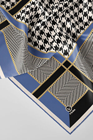 Twill Kazayağı Desenli İndigo Renkli 90x90 Eşarp (İpek İçermez) Kenar Dikiş Şekli El Dikişli