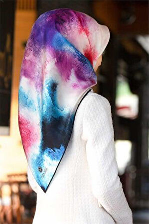 Vissona Tivil İpek Eşarp 10698 - 0022 Beyaz Mavi Pastel Boya Desen
