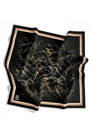 Twill Barok Çerçeveli Mermer Desenli Siyah Renkli 90x90 Eşarp (İpek İçermez) Kenar Dikiş Şekli El Dikişli