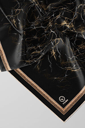 Twill Barok Çerçeveli Mermer Desenli Siyah Renkli 90x90 Eşarp (İpek İçermez) Kenar Dikiş Şekli El Dikişli