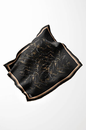 Twill Barok Çerçeveli Mermer Desenli Siyah Renkli 90x90 Eşarp (İpek İçermez) Kenar Dikiş Şekli El Dikişli