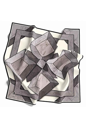 Twill Mermer Desenli Siyah - Krem Renkli 90x90 Eşarp (İpek İçermez) Kenar Dikiş Şekli El Dikişli