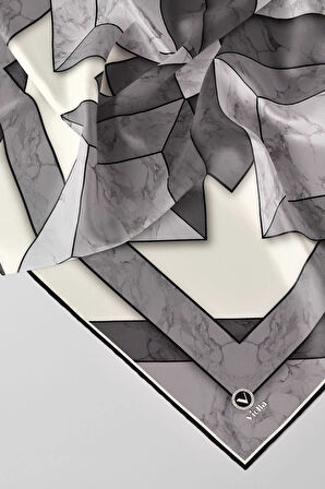 Twill Mermer Desenli Siyah - Krem Renkli 90x90 Eşarp (İpek İçermez) Kenar Dikiş Şekli El Dikişli