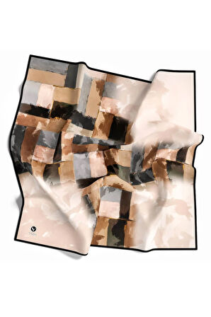 Twill Yağlı Boya Desenli Bej Renkli 90x90 Eşarp (İpek İçermez) Kenar Dikiş Şekli El Dikişli