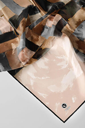 Twill Yağlı Boya Desenli Bej Renkli 90x90 Eşarp (İpek İçermez) Kenar Dikiş Şekli El Dikişli