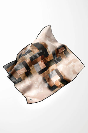 Twill Yağlı Boya Desenli Bej Renkli 90x90 Eşarp (İpek İçermez) Kenar Dikiş Şekli El Dikişli