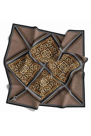 Twill Gold Çerçeveli Barok Desenli Bej Renkli 90x90 Eşarp (İpek İçermez) Kenar Dikiş Şekli El Dikişli