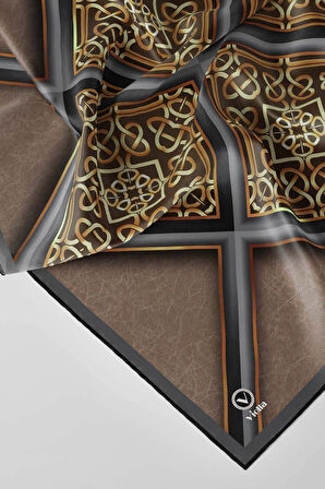 Twill Gold Çerçeveli Barok Desenli Bej Renkli 90x90 Eşarp (İpek İçermez) Kenar Dikiş Şekli El Dikişli