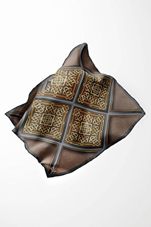 Twill Gold Çerçeveli Barok Desenli Bej Renkli 90x90 Eşarp (İpek İçermez) Kenar Dikiş Şekli El Dikişli