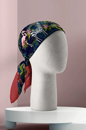 Kadın Lacivert Yeşil Flamingo Desenli 50x50 Bandana HYL DG01131-22