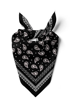 F46 Kadın Siyah Beyaz Şal Desenli 50x50 Bandana HYL DG01359-22