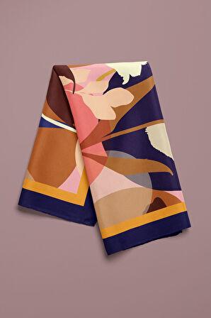 Z23 Kadın Kahverengi Krem Lale Desenli 50x50 Bandana - DG0887