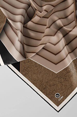 Twill Zigzag Desenli Bej Renkli 90x90 Eşarp (İpek İçermez) Kenar Dikiş Şekli El Dikişli