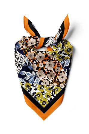 H47 Kadın Sarı Mavi Çiçek Desenli 50x50 Bandana HYL DG01631-22