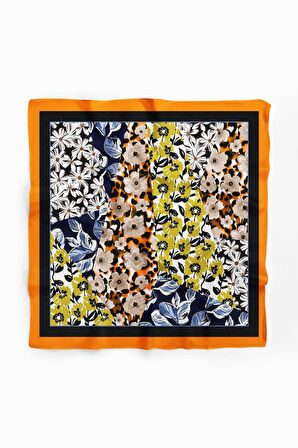 H47 Kadın Sarı Mavi Çiçek Desenli 50x50 Bandana HYL DG01631-22