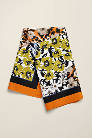 H47 Kadın Sarı Mavi Çiçek Desenli 50x50 Bandana HYL DG01631-22