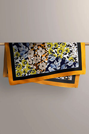 H47 Kadın Sarı Mavi Çiçek Desenli 50x50 Bandana HYL DG01631-22