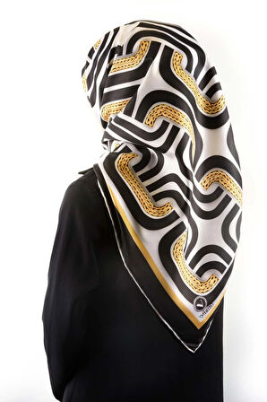 Twill Geometrik Zincir Desenli Siyah Renkli 90x90 Eşarp (İpek İçermez) Kenar Dikiş Şekli El Dikişli