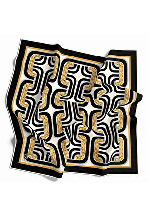 Twill Geometrik Zincir Desenli Siyah Renkli 90x90 Eşarp (İpek İçermez) Kenar Dikiş Şekli El Dikişli