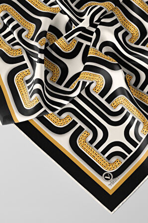 Twill Geometrik Zincir Desenli Siyah Renkli 90x90 Eşarp (İpek İçermez) Kenar Dikiş Şekli El Dikişli