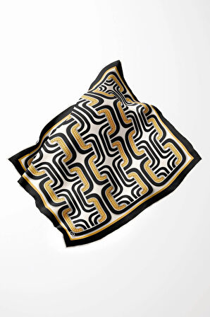 Twill Geometrik Zincir Desenli Siyah Renkli 90x90 Eşarp (İpek İçermez) Kenar Dikiş Şekli El Dikişli