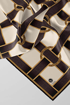 Twill Kemer Desenli Bej Renkli 90x90 Eşarp (İpek İçermez) Dikim Şekli : El Dikişi