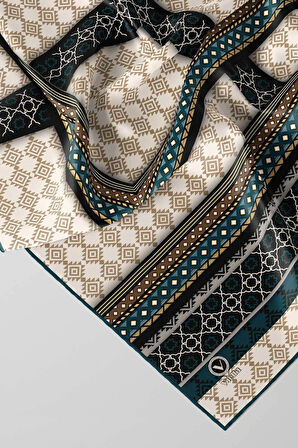 Twill Etnik Desenli Petrol Mavisi Renkli 90x90 Eşarp (İpek İçermez) Kenar Dikiş Şekli El Dikişli