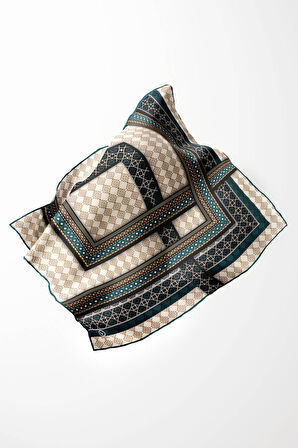 Twill Etnik Desenli Petrol Mavisi Renkli 90x90 Eşarp (İpek İçermez) Kenar Dikiş Şekli El Dikişli