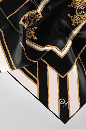 Twill Barok Desenli Siyah Renkli 90x90 Eşarp (İpek İçermez) Dikim Şekli : El Dikişi