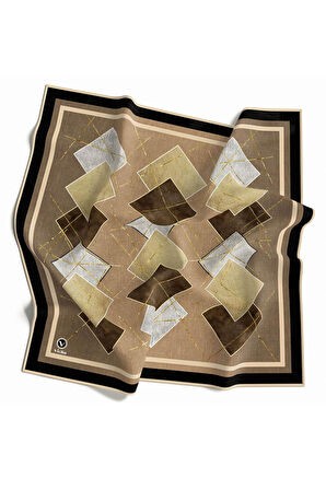 Twill Geometrik Desenli Bej Renkli 90x90 Eşarp (İpek İçermez) Kenar Dikiş Şekli El Dikişli