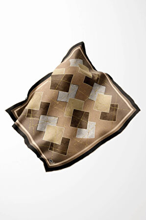 Twill Geometrik Desenli Bej Renkli 90x90 Eşarp (İpek İçermez) Kenar Dikiş Şekli El Dikişli