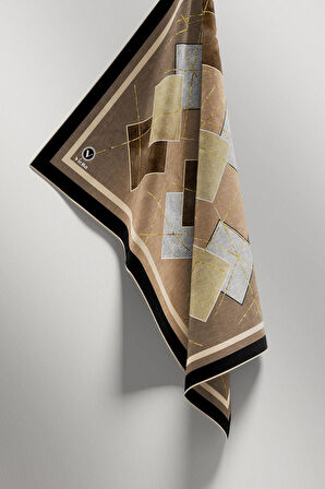 Twill Geometrik Desenli Bej Renkli 90x90 Eşarp (İpek İçermez) Kenar Dikiş Şekli El Dikişli