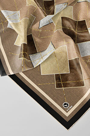 Twill Geometrik Desenli Bej Renkli 90x90 Eşarp (İpek İçermez) Kenar Dikiş Şekli El Dikişli