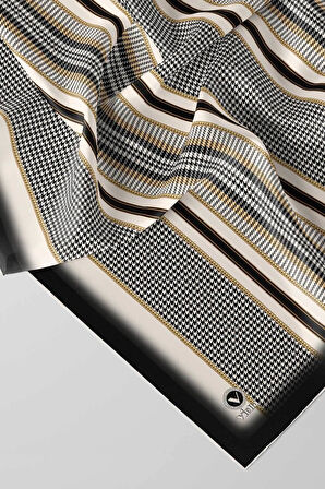 Twill Kazayaklı Şerit Desenli Siyah Renkli 90x90 Eşarp (İpek İçermez) Kenar Dikiş Şekli El Dikişli