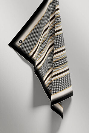 Twill Kazayaklı Şerit Desenli Siyah Renkli 90x90 Eşarp (İpek İçermez) Kenar Dikiş Şekli El Dikişli