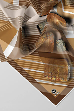 Twill Çizgili ve Geometrik Desenli Sütlükahve Renkli 90x90 Eşarp (İpek İçermez) Kenar Dikiş Şekli El Dikişli