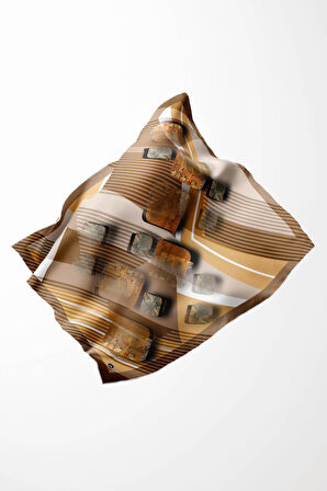 Twill Çizgili ve Geometrik Desenli Sütlükahve Renkli 90x90 Eşarp (İpek İçermez) Kenar Dikiş Şekli El Dikişli