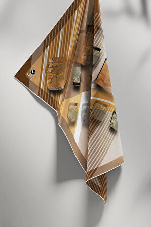 Twill Çizgili ve Geometrik Desenli Sütlükahve Renkli 90x90 Eşarp (İpek İçermez) Kenar Dikiş Şekli El Dikişli