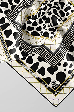 Twill Taş Desenli Siyah Renkli 90x90 Eşarp (İpek İçermez) Kenar Dikiş Şekli El Dikişli