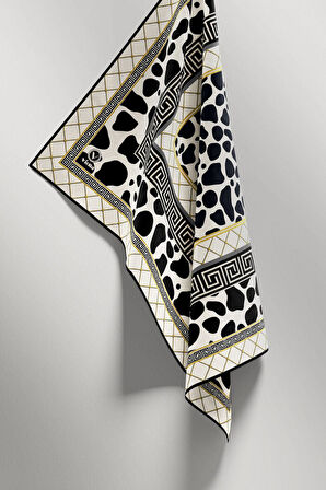 Twill Taş Desenli Siyah Renkli 90x90 Eşarp (İpek İçermez) Kenar Dikiş Şekli El Dikişli