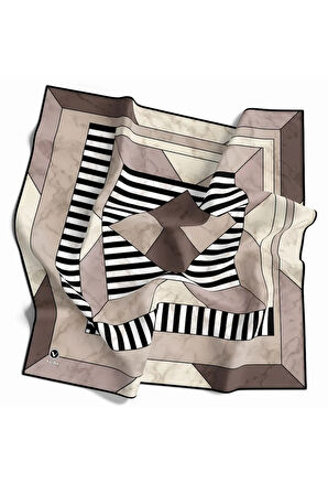 Twill Çizgili Geometrik Mermer Desenli Taş Renkli 90x90 Eşarp (İpek İçermez) Kenar Dikiş Şekli El Dikişli