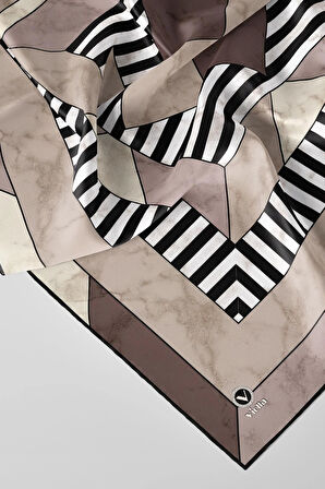 Twill Çizgili Geometrik Mermer Desenli Taş Renkli 90x90 Eşarp (İpek İçermez) Kenar Dikiş Şekli El Dikişli