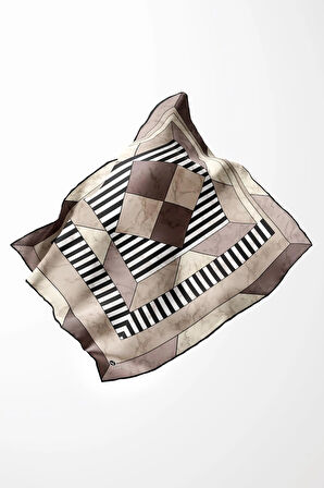 Twill Çizgili Geometrik Mermer Desenli Taş Renkli 90x90 Eşarp (İpek İçermez) Kenar Dikiş Şekli El Dikişli