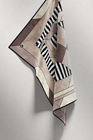 Twill Çizgili Geometrik Mermer Desenli Taş Renkli 90x90 Eşarp (İpek İçermez) Kenar Dikiş Şekli El Dikişli