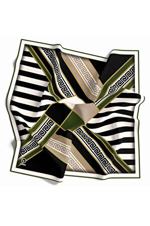 Twill Çizgili Geometrik Desenli Zümrüt Yeşili Renkli 90x90 Eşarp (İpek İçermez) Kenar Dikiş Şekli El Dikişli