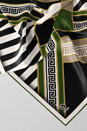 Twill Çizgili Geometrik Desenli Zümrüt Yeşili Renkli 90x90 Eşarp (İpek İçermez) Kenar Dikiş Şekli El Dikişli